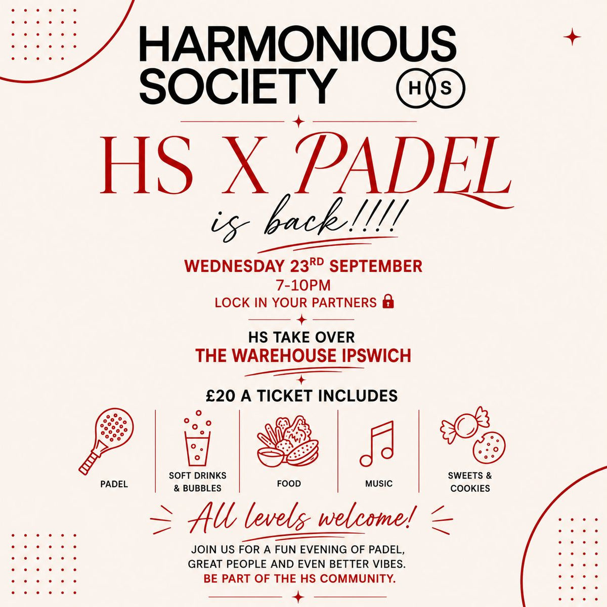 Harmonious Padel Night | 23rd September 7 - 10 PM | Warehouse Padel - 30 Whitehouse Road
